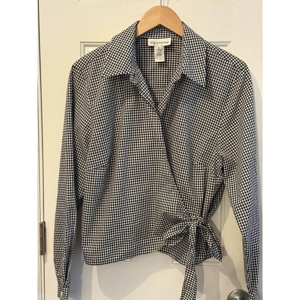 Evan-Picone Black White Gingham Cotton Wrap‎ Top Size 18W Long Sleeve  Side Tie